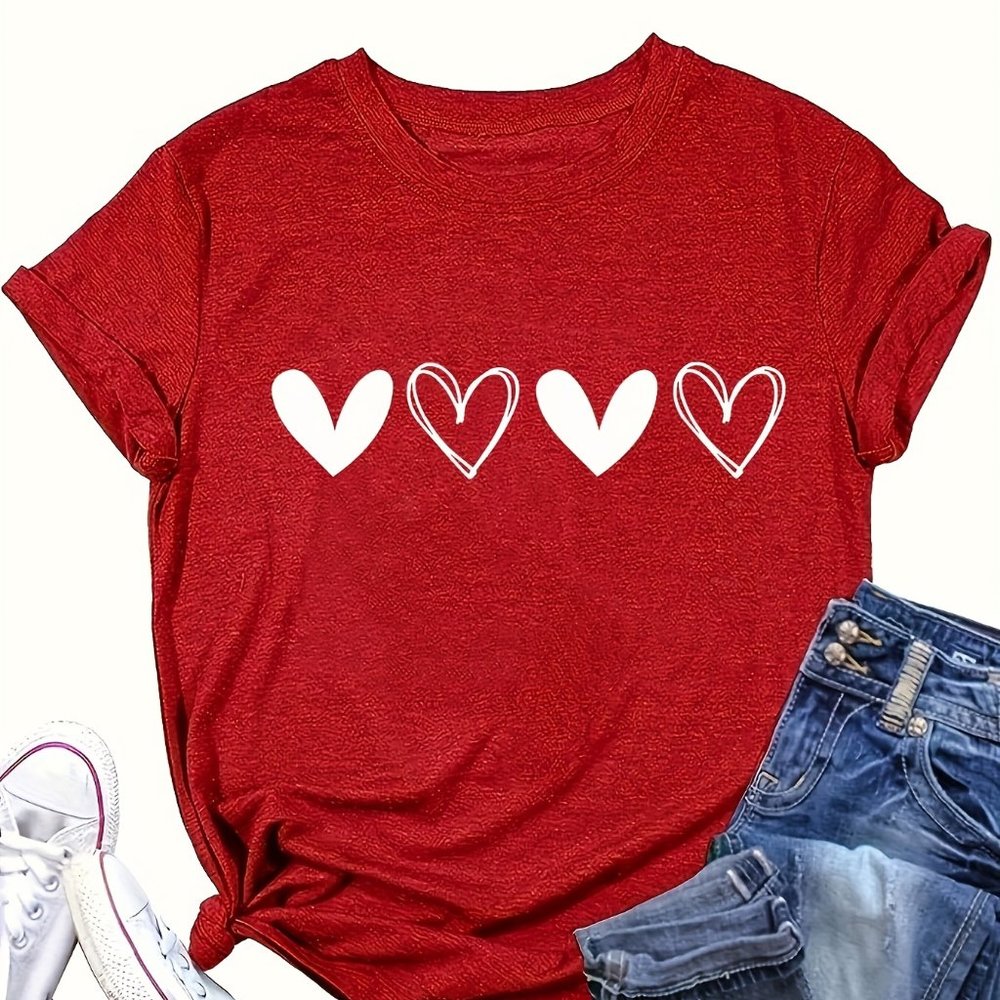 Valentine Hearts  Print Crew Neck T-Shirt, Short Sleeve T-Shirt Love